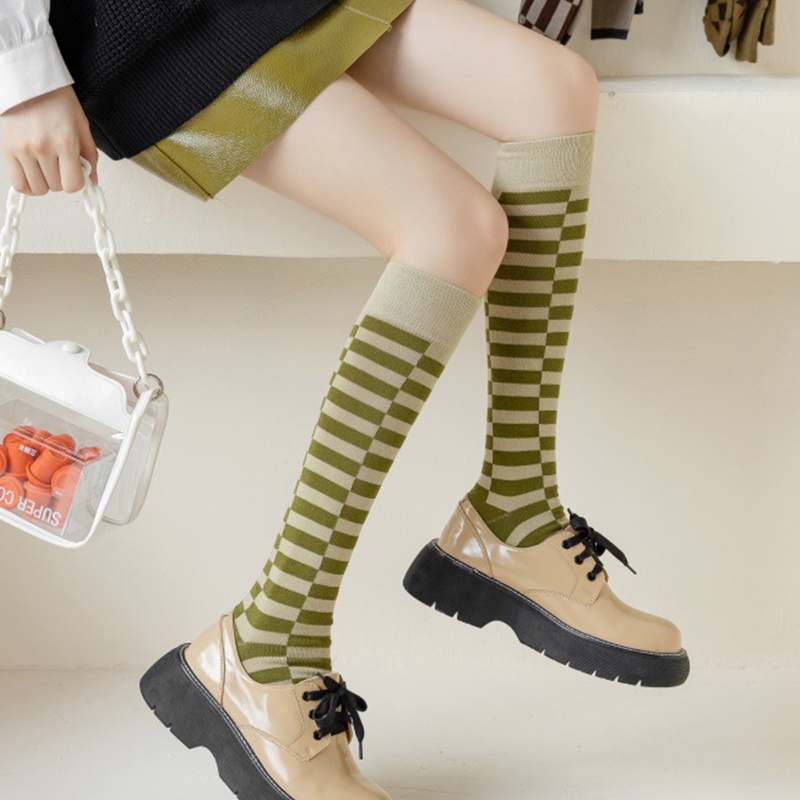 XIXI Vớ cotton cổ cao in họa tiết kim cương màu sắc tương phản thời trang mùa thu cho nữ