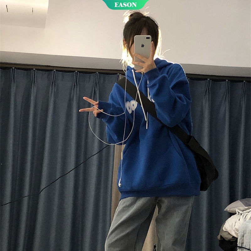 Áo Hoodie Dáng Rộng Đơn Giản Phong Cách Đường Phố Mỹ Mới Mùa Thu Kích Thước Lớn Màu Xanh Dương Cho Nữ