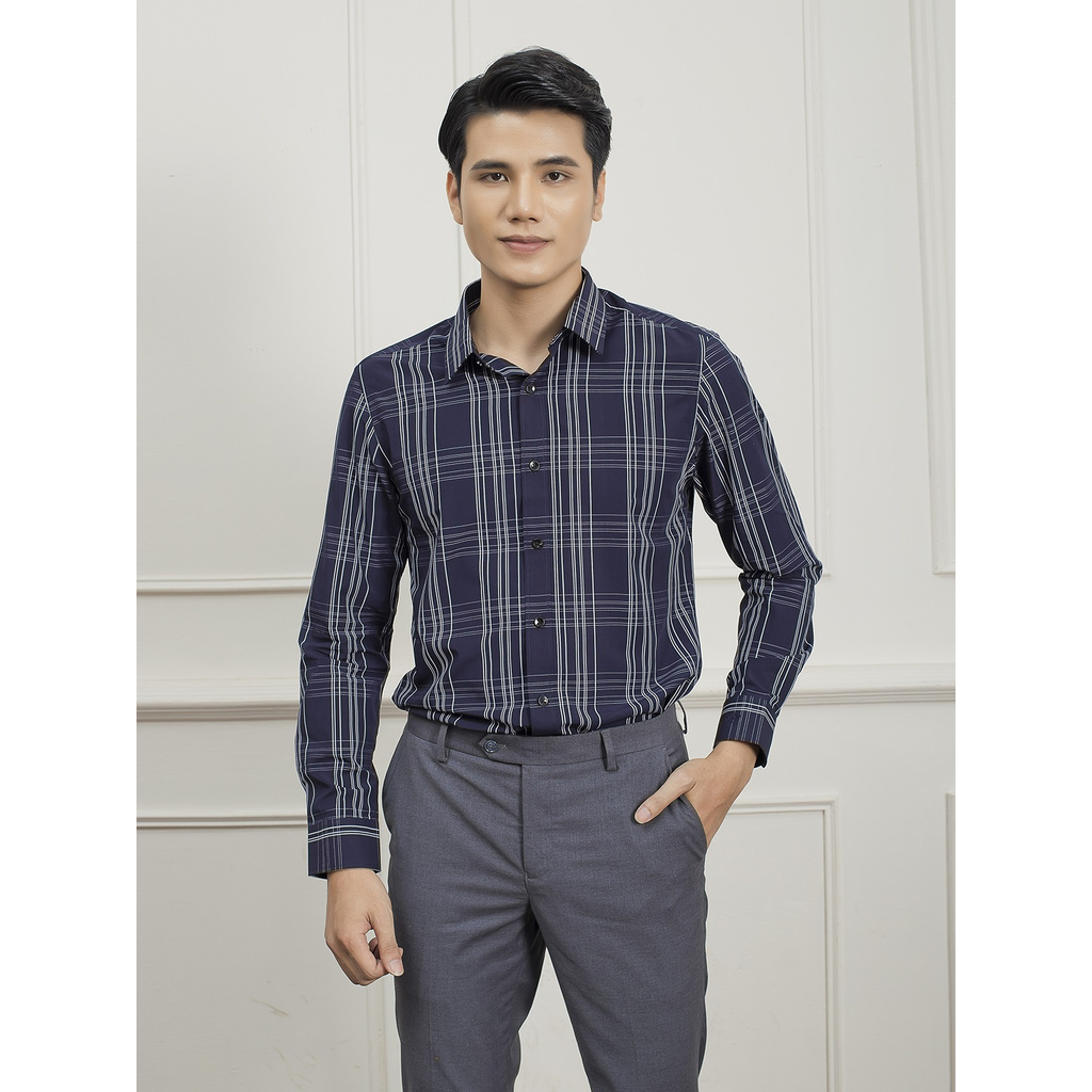 Áo Sơ Mi Nam Tay Dài Aristino ALS20509 Màu Tím Than Caro Trắng Kiểu Dáng Slim Fit Chất Liệu Sợi Sồi