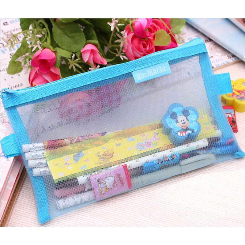 Túi Đựng Bút YB2 Bằng Nylon Trong Suốt Phối Lưới Có Dây Kéo Sức Chứa Lớn BY2
