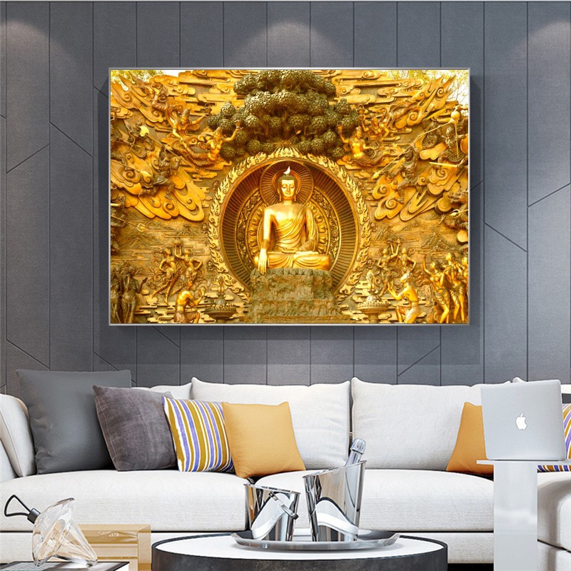 Tranh Sơn Dầu Trên Vải Canvas Hình Đức Phật Vàng Không Kèm Khung