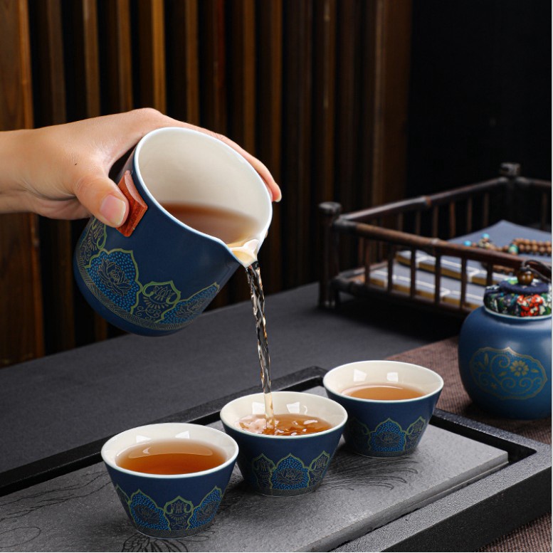 Bộ ấm trà xách tay du lịch túi da cao cấp - Bộ 5 món có hộp đựng trà