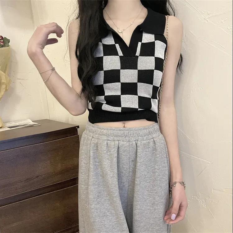 Áo Sơ Mi Ngắn Cổ Polo Họa Tiết Kẻ Ô Trắng Đen Thời Trang Mùa Hè Dành Cho Nữ