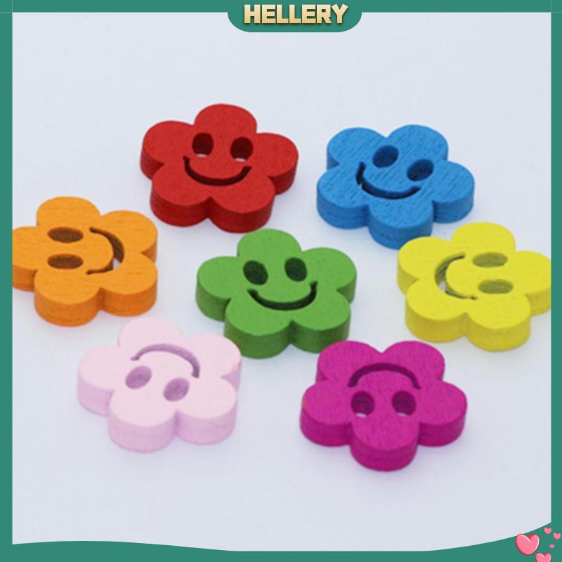 Set 100 Nút Gỗ 2 Lỗ 20mm Hình Bông Hoa / Mặt Cười Dễ Thương Dùng Trang Trí DIY