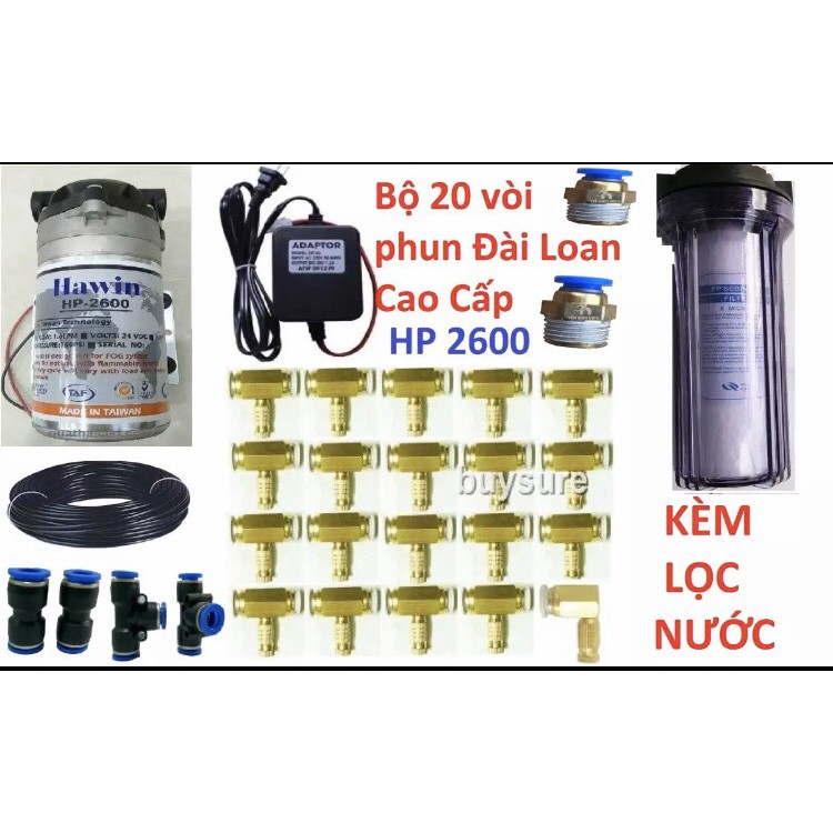 Combo hệ thống phun sương làm mát quán ăn, cafe gồm 20 vòi phun+ 40m dây và đủ phụ kiện