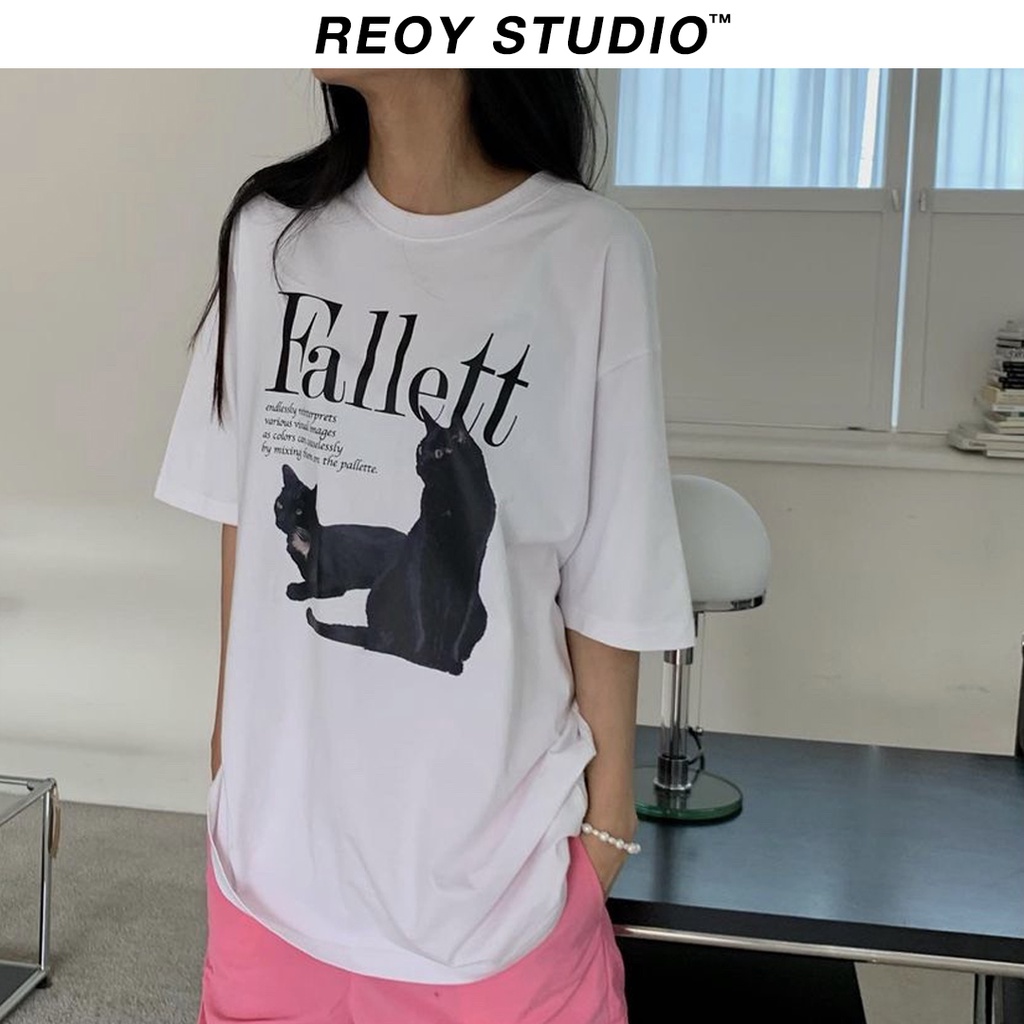 Áo thun nữ REOY-FALLETT CAT , áo phông form rộng tay lỡ cá tính chất cotton dày dặn basic