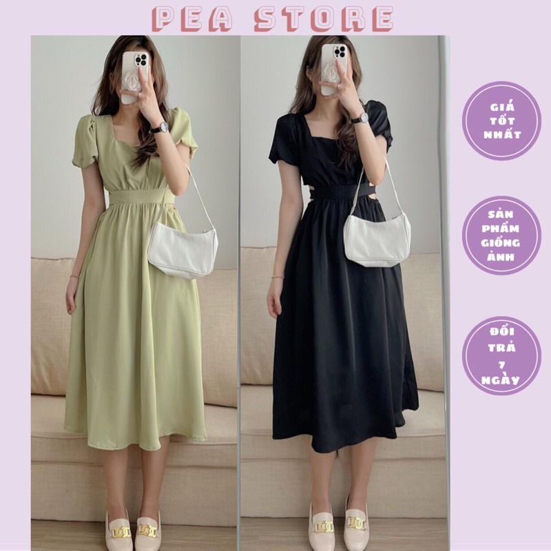 Váy khoét eo thắt nơ sau dáng dài voan mềm Pea Store - Đầm cutout eo dáng dài cổ vuông (Ảnh thật)