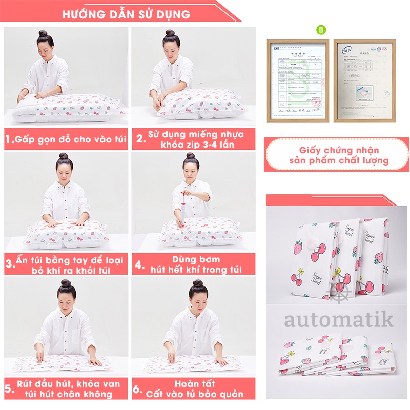 Túi Hút Chân Không Đựng Quần Áo Chăn Màn Du Lịch Bơm Điện Van 1 Chiều Bảo Quản Quần Áo Chăn Chống Nấm Mốc Automatik