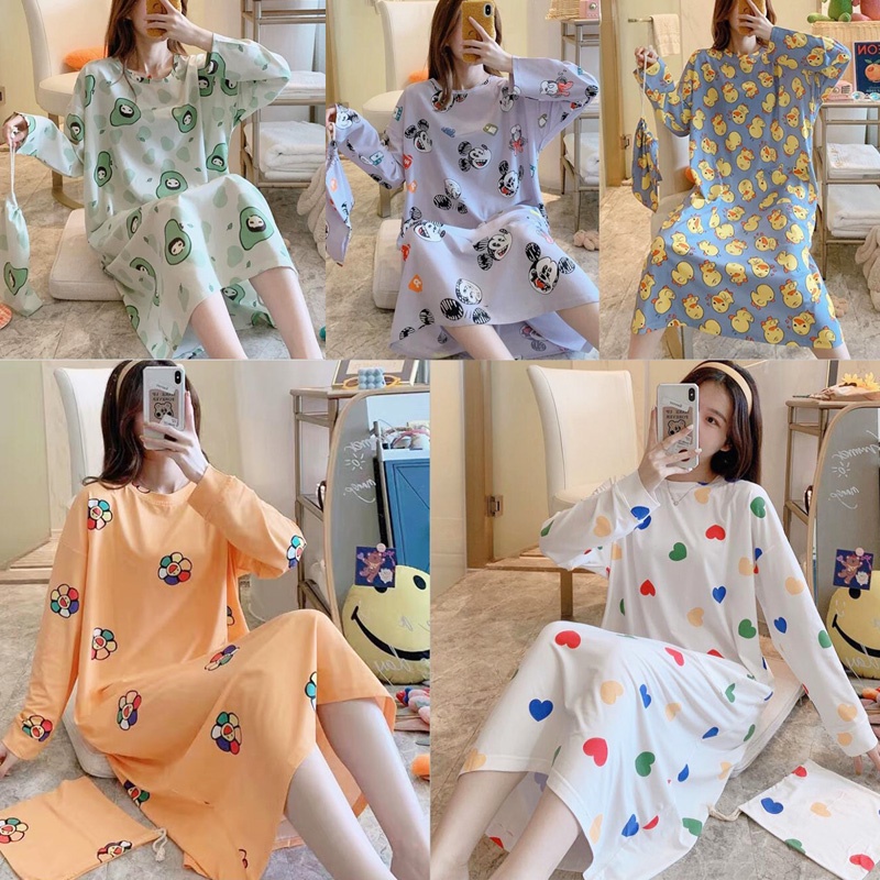 Đồ ngủ tay dài họa tiết trái cây hoạt hình thoải mái thời trang cho nữ