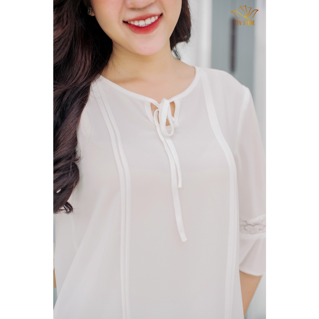 Áo somi cao cấp cổ tròn cột nơ tay lỡ trắng TTV583