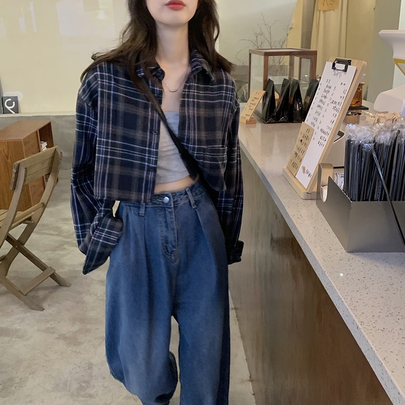 ZHELIHANGFEI Áo sơ mi caro tay dài thời trang cho nữ