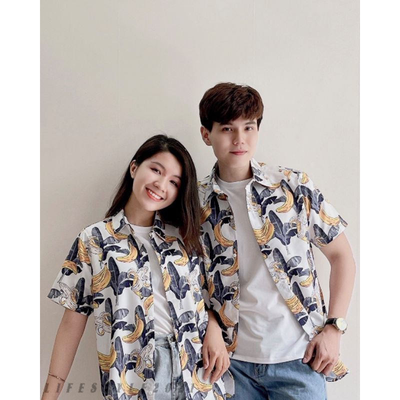 Áo sơ mi nam tay ngắn unisex dáng rộng chất lụa nhẹ mát in họa tiết