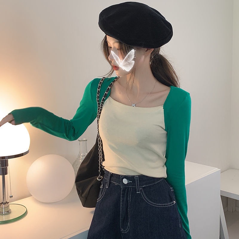 Áo thun tay dài cổ vuông thiết kế mới thời trang mùa thu dành cho nữ