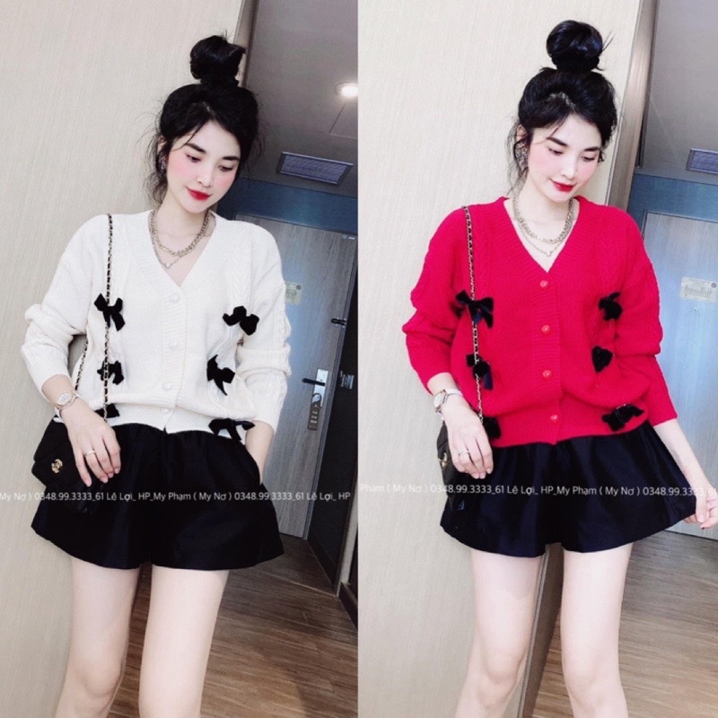 áo len cadigan cúc ngọc phối nơ đen