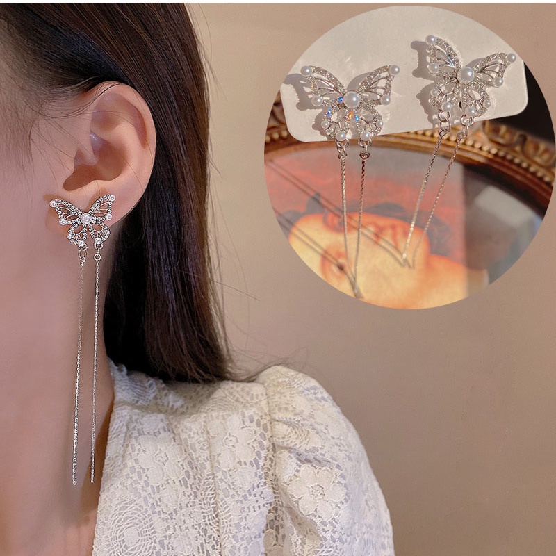 Bông Tai Mạ Bạc 925 Hình Bướm Rỗng Đính Ngọc Trai Thời Trang Hàn Quốc Cho Nữ