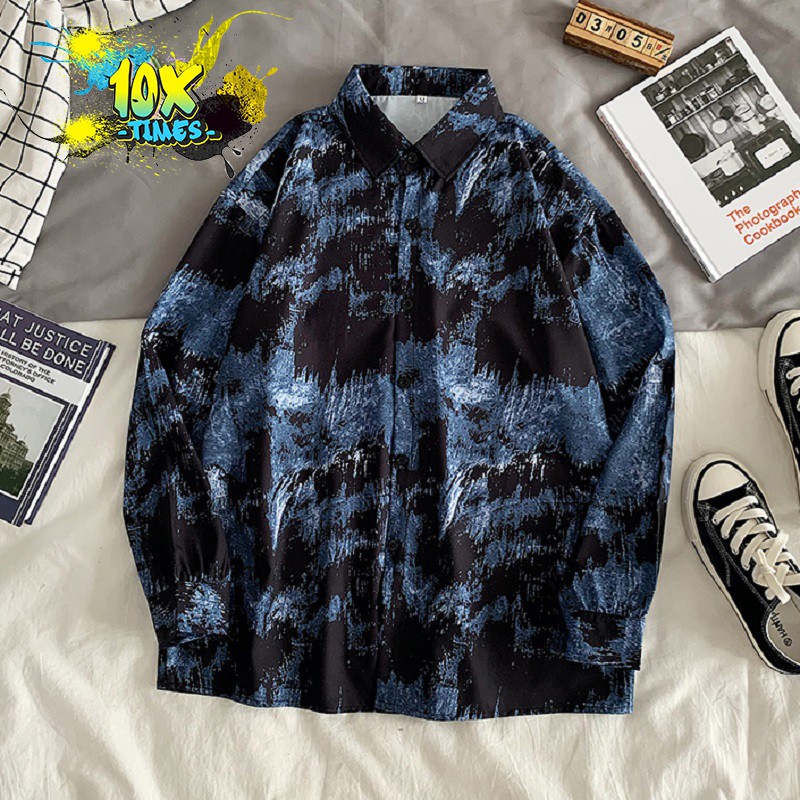 Áo sơ mi dài tay nữ nam unisex cá tính đen xanh dương loang màu