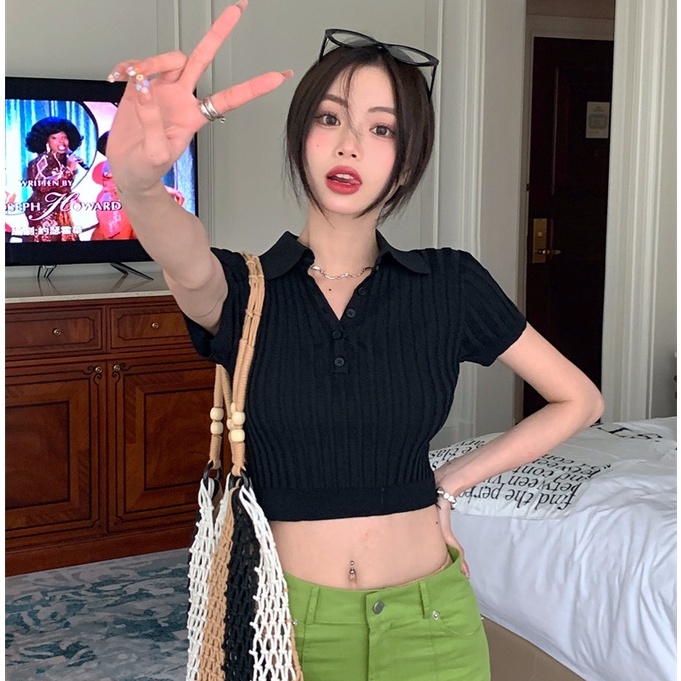 QKOOLE Áo Croptop Dệt Kim Tay Ngắn Cổ Chữ v Phong Cách Hàn Quốc