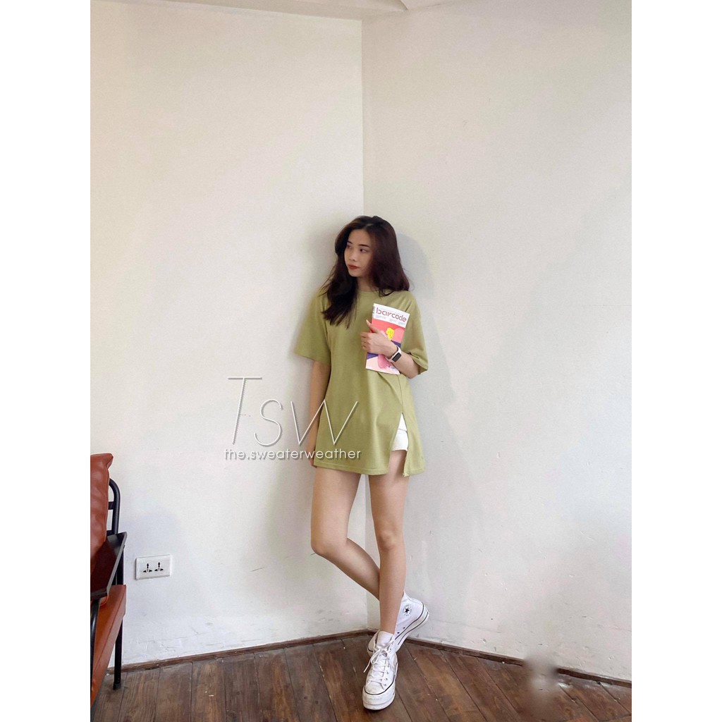 [Mã WASKT304 giảm 15% tối đa 30K đơn 99K] Áo phông dệt kim sần xẻ tà oversize (Ảnh thật) | BigBuy360 - bigbuy360.vn