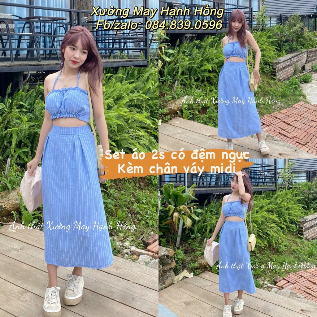 Set áo croptop quây 2 dây kèm chân váy midi kẻ xanh đi biển, đi du lịch