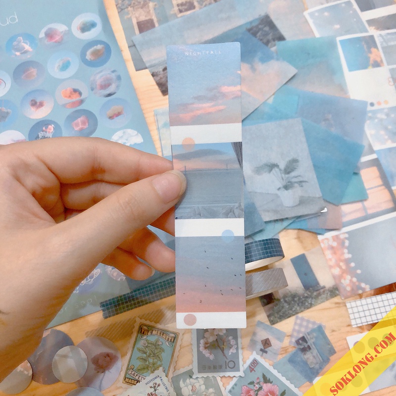 Trọn bộ trang trí Bullet journal Blue gồm sticker, washi tape tông xanh dương Luv107