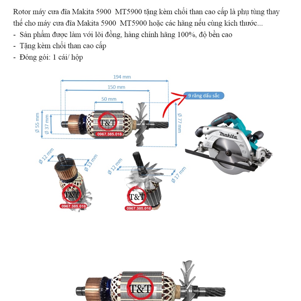 Rotor máy cưa gỗ Makita 5900 9 răng, MT5900, Cắt nhôm MT 230  HỘP DC.