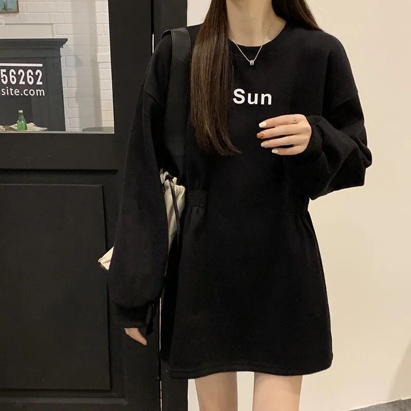 Váy Áo Hoodie nữ dáng rộng có mũ nơ bó eo dày thu đông chất dầy nỉ ấm áp khoe dáng sang trọng chân thon dài | BigBuy360 - bigbuy360.vn