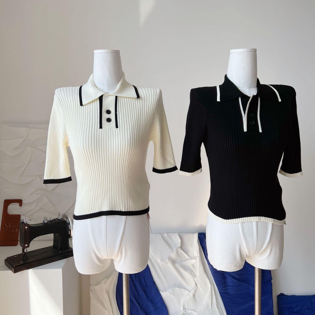 MS751 Áo polo len nữ cổ bẻ phối viền màu thanh lịch