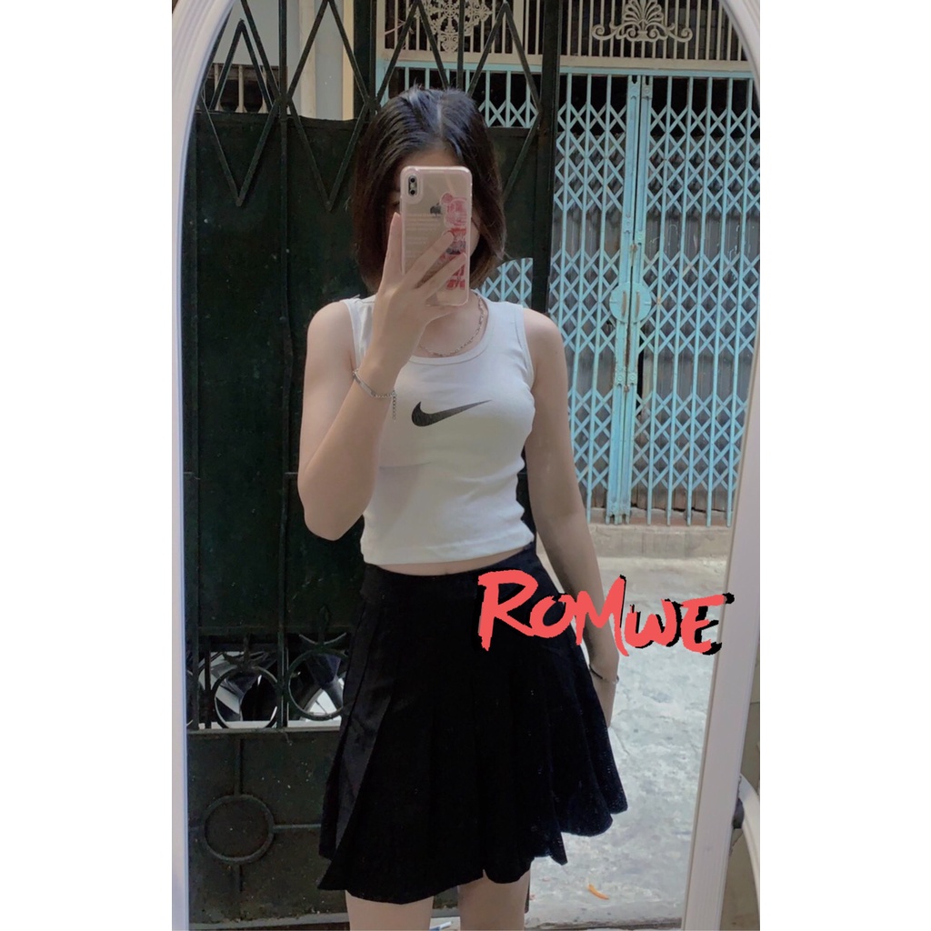 Áo croptop nữ romwe logo vảy màu đen, trắng chất bozip co giãn phong cách unisex