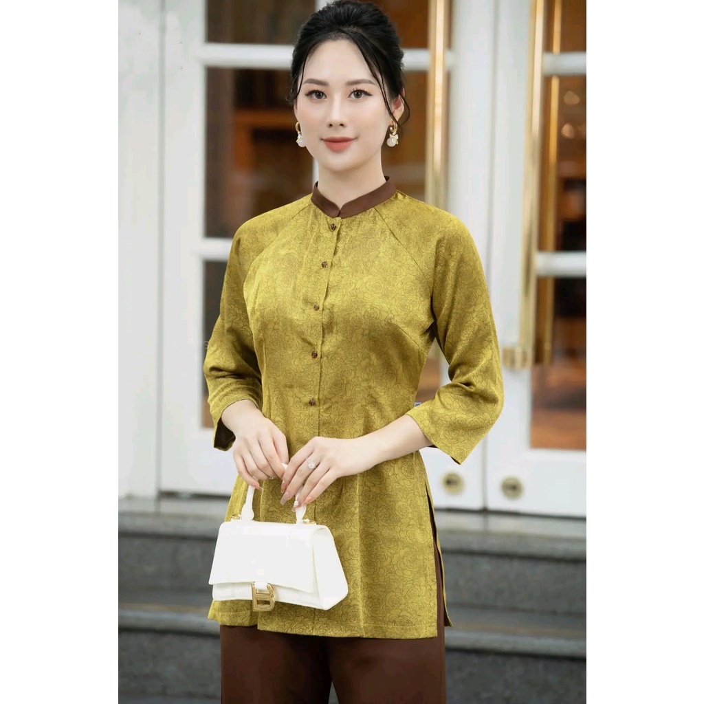 Áo bà ba lụa gấm vân cao cấp đi lễ chùa thiết kế cách tân đồ lam truyền thống hàng loại 1 kèm quần may sẵn