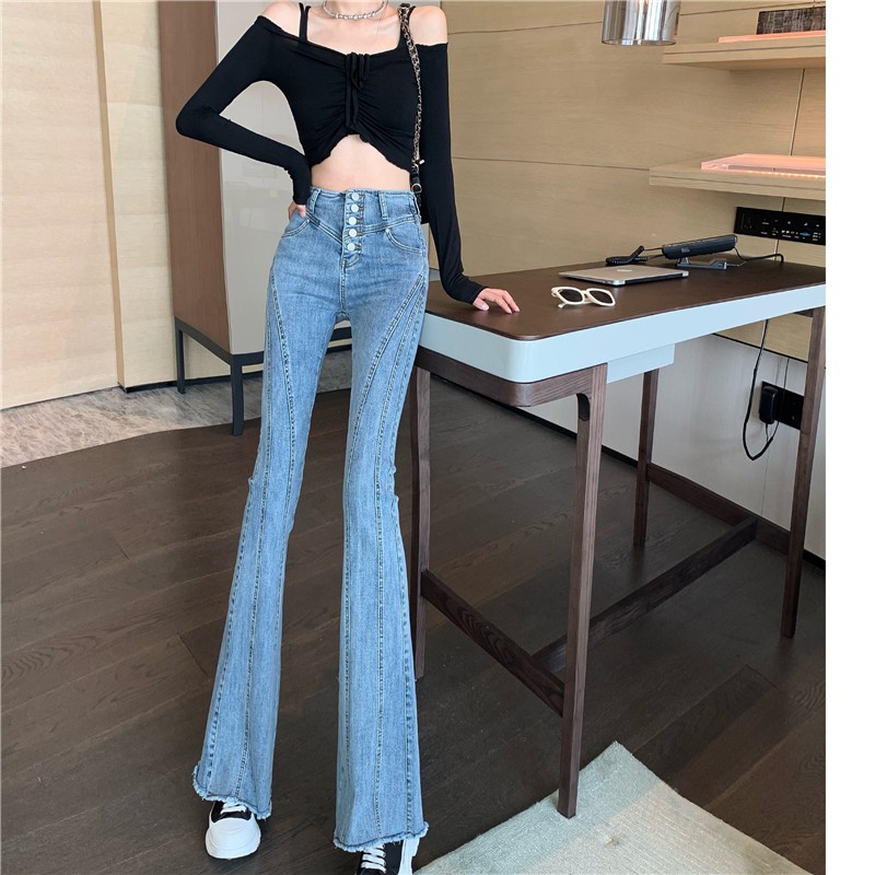 ✨Ready Stock✨Ý nghĩa thiết kế Quần jean nữ phong cách Hồng Kông 2021 mới ống rộng micro-rab màu xanh lam cạp cao, vừa