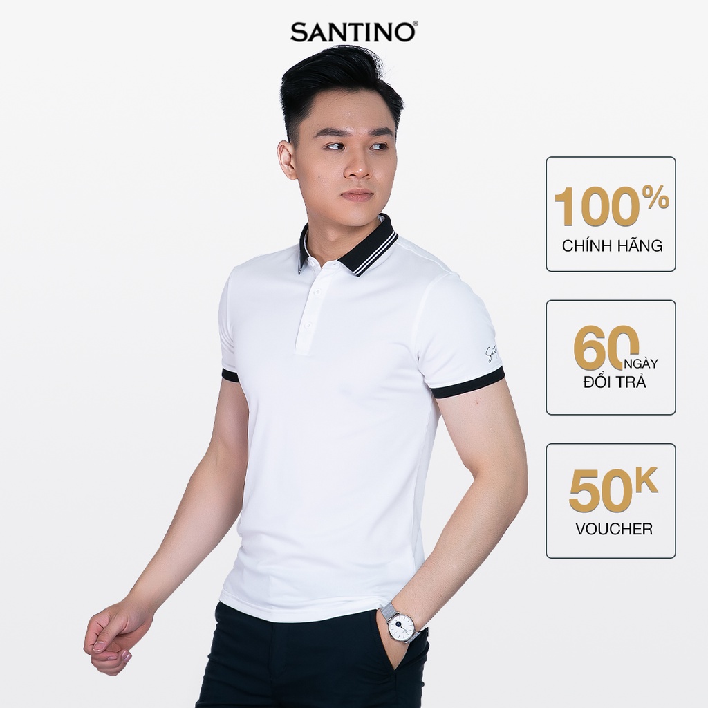 Áo Polo nam Cá Sấu SANTINO form chuẩn, trắng phối bo đen, lịch lãm, kháng khuẩn E003