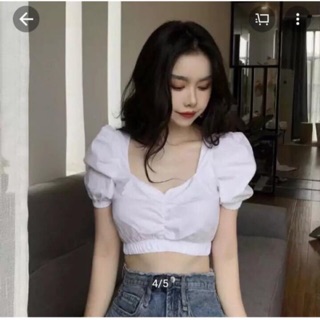 Áo kiểu cho nữ tay phồng ngắn xẻ cổ chữ V phong cách Hàn Quốc