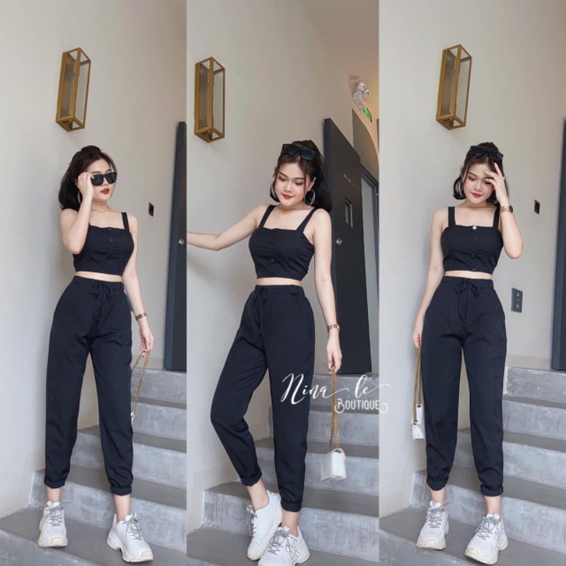 Set áo hai dây đính nút và quần dài