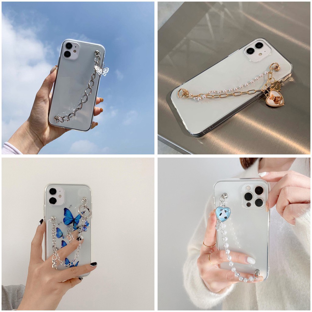 Ốp điện thoại mềm trong suốt họa tiết bướm phối dây xích đeo tay cho iPhone 13 12 Pro Mini 11 7 8+ X XR XS Max SE 2020