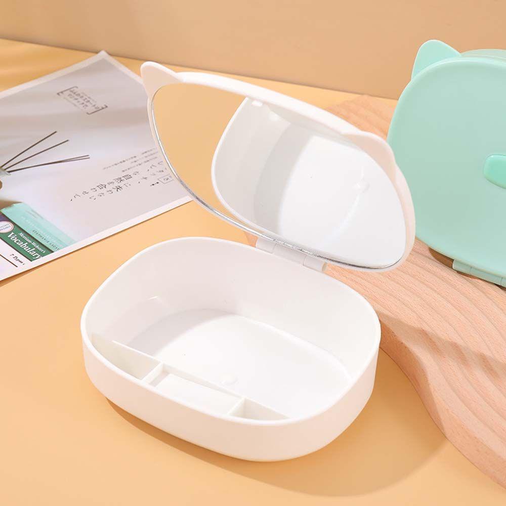 NICKOLAS Hộp Đựng Trang Sức Hình Mèo Hoạt Hình Bằng Nhựa Có Gương Giá Đỡ