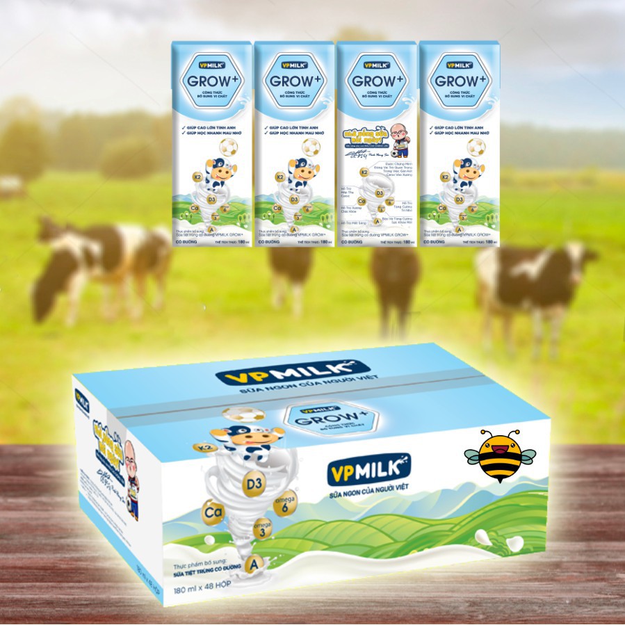 Thùng sữa tiệt trùng có đường VPMilk Grow+ trắng, chuối, dâu cho trẻ từ 1 tuổi trở lên (110ml và 180ml)