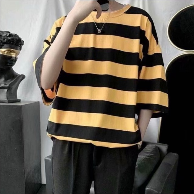 Áo thun cổ tròn dáng rộng kẻ sọc ngang trẻ trung phong cách Nhật Bản dành cho nam size S-3XL | BigBuy360 - bigbuy360.vn
