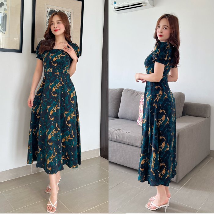 Đầm xòe họa tiết cổ vuông tay phồng S&M - GR0227
