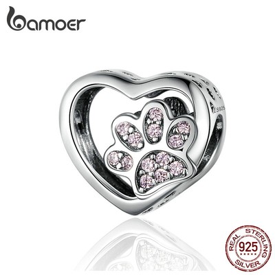 Mặt dây Bamoer hình trái tim phối dấu chân thú cưng bằng bạc đáng yêu