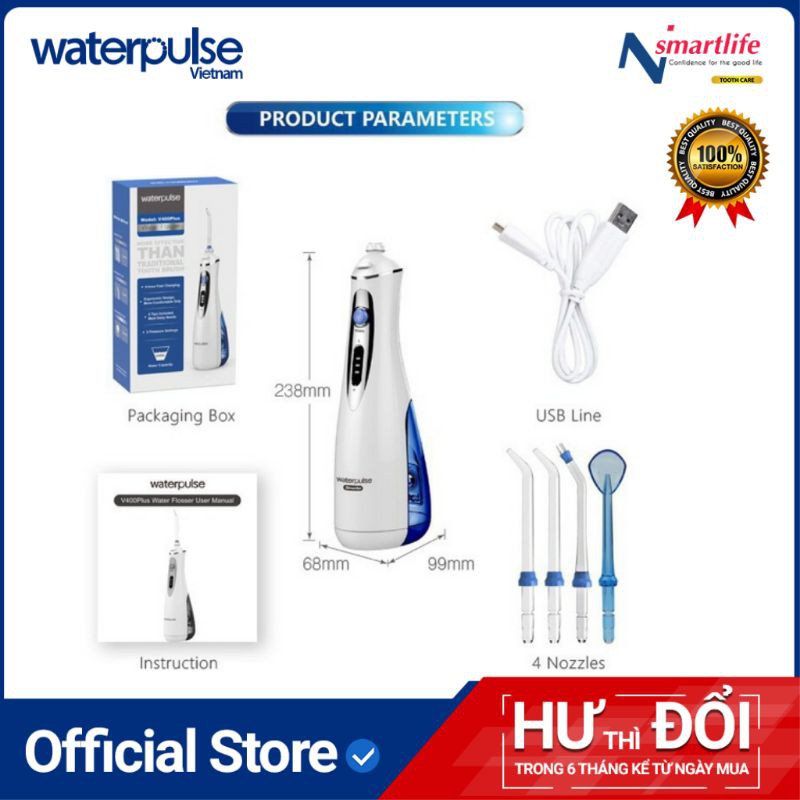 Máy tăm nước Waterpulse V400 Plus cho người răng niềng, răng sứ, Implant răng giúp hạn chế mảng bám, viêm nướu