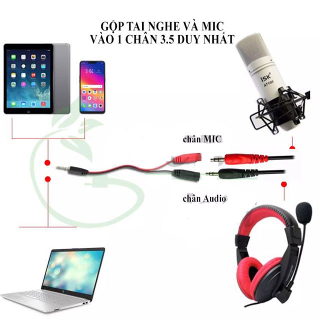 Cáp OTG4 Gộp Audio và Mic tai nghe 2 cổng để cắm điện thoại, laptop tích hợp 1 cổng, jack, cáp chia gộp âm thanh