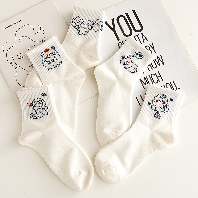Tất vớ nữ cổ cao cotton trắng hoạ tiết hoạt hình dễ thương phong cách Hàn Quốc