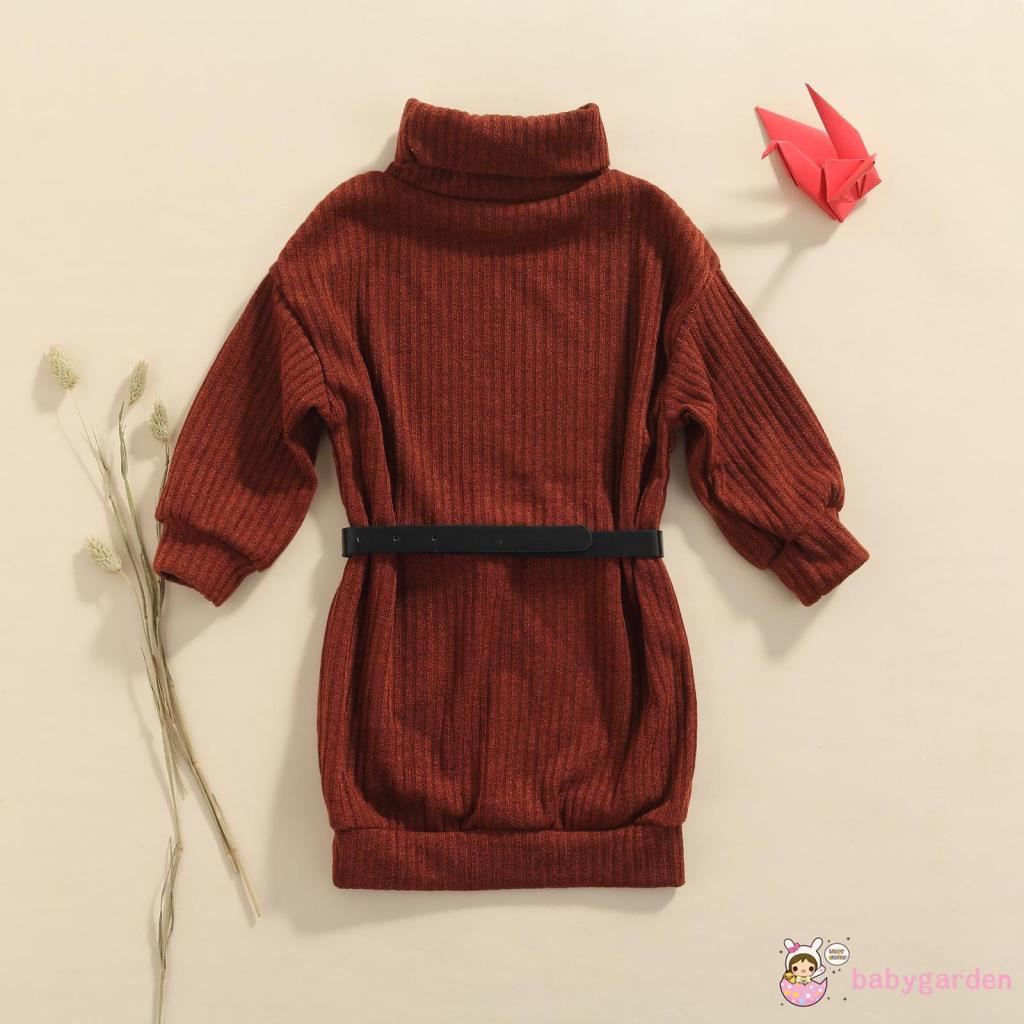 Đầm Dệt Kim Tay Dài Cổ Cao Dáng Rộng Màu Sắc Trơn Kèm Thắt Lưng Xinh Xắn Cho Bé Gái 2-7 Tuổi