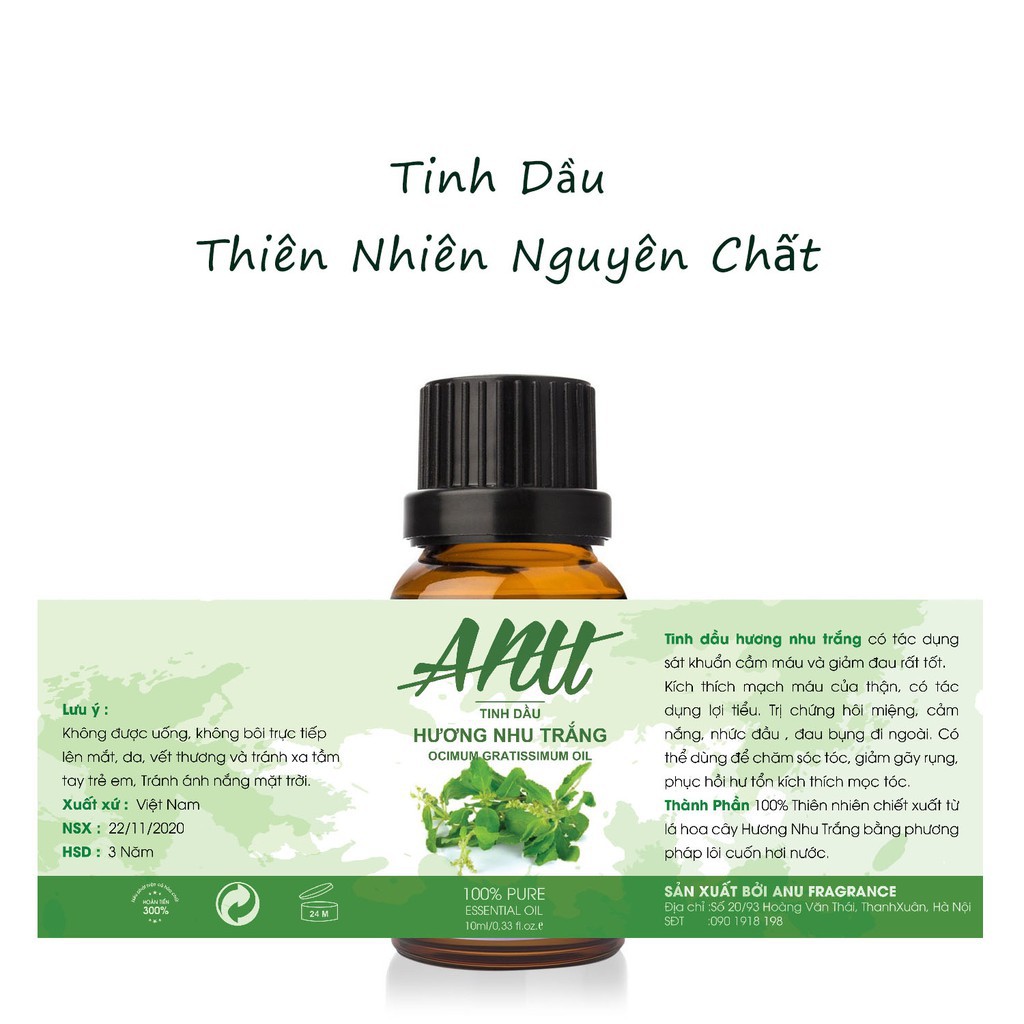 Tinh Dầu Hương Nhu Anu Fragrance | 100% Thiên Nhiên Nguyên Chất | Ocimum Essential Oil | Kiểm Nghiệm Quatest 3