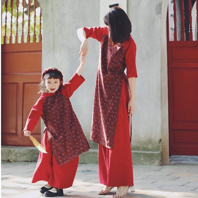 Set Áo Dài Cách Tân Hoa Nhí Mẹ & Bé Chất Nhung Text Mặc Quanh Năm SET130