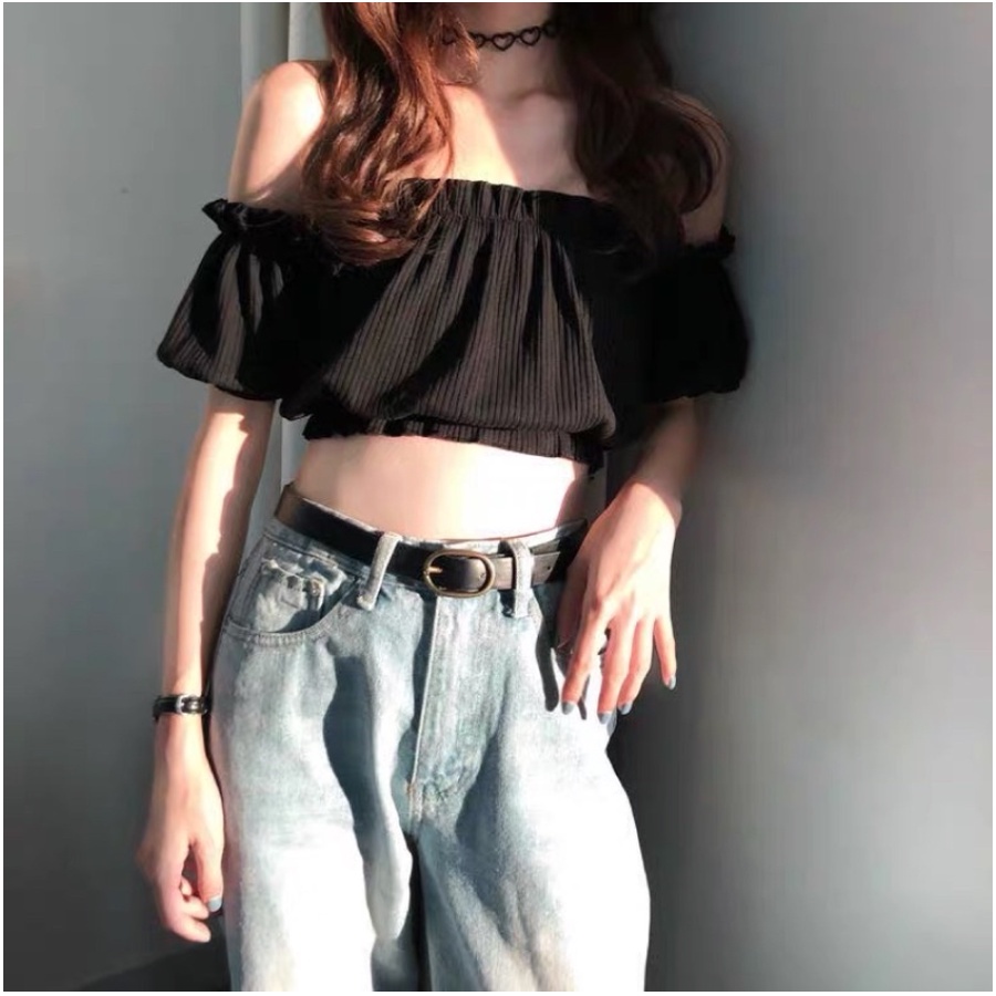 ÁO TRỄ VAI GÂN TĂM TAY BÍ | áo trễ vai thun gân | áo croptop trễ vai thun gân - AK0007 | steven.factory