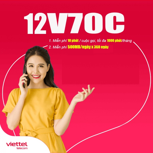 Sim viettel 4G 12V70C trọn gói 1 năm miễn phí gọi nội mạng 180GB tốc độ cao,sim nghe gọi và data,1 năm ko cần nạp tiền