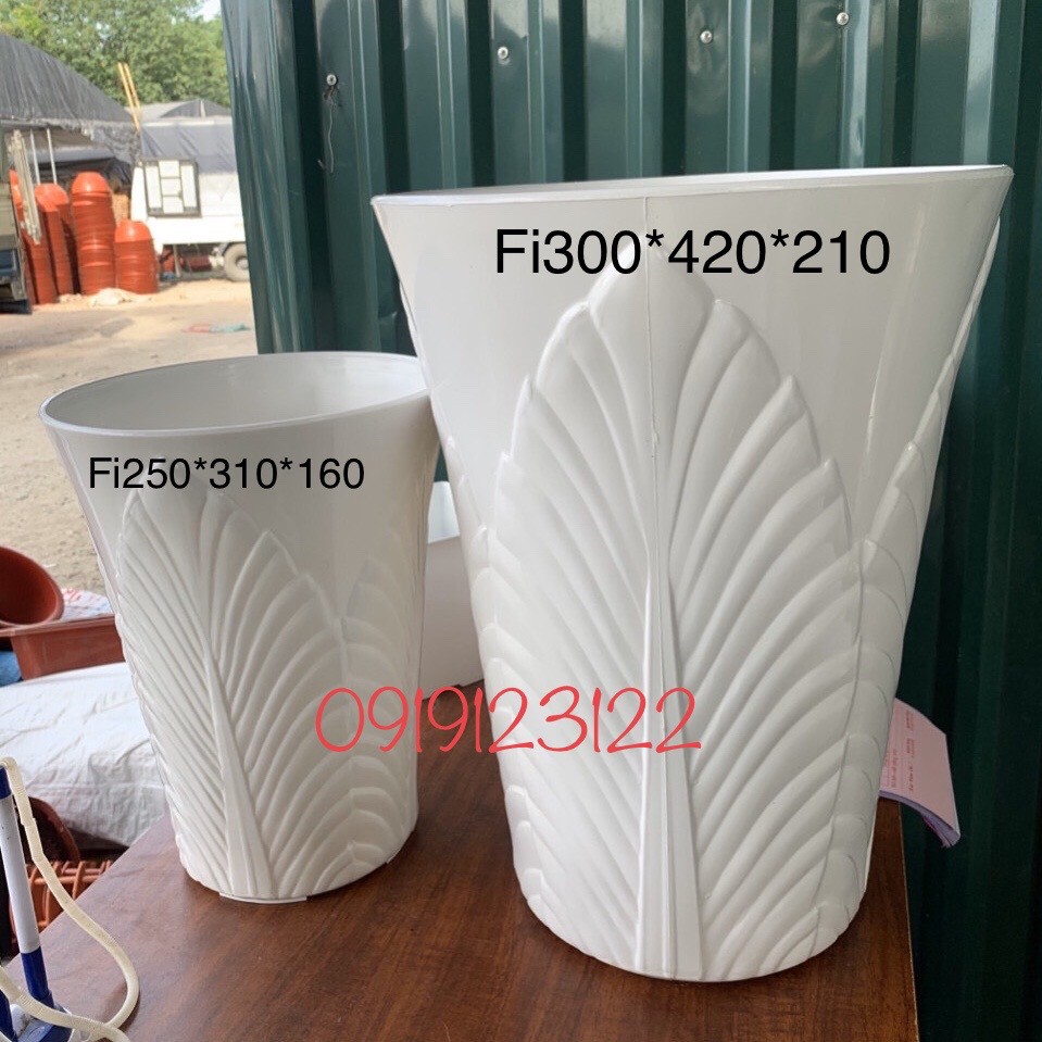 Chậu ống lá cỡ lớn trồng hoa nhựa dày trắng 33x42cm