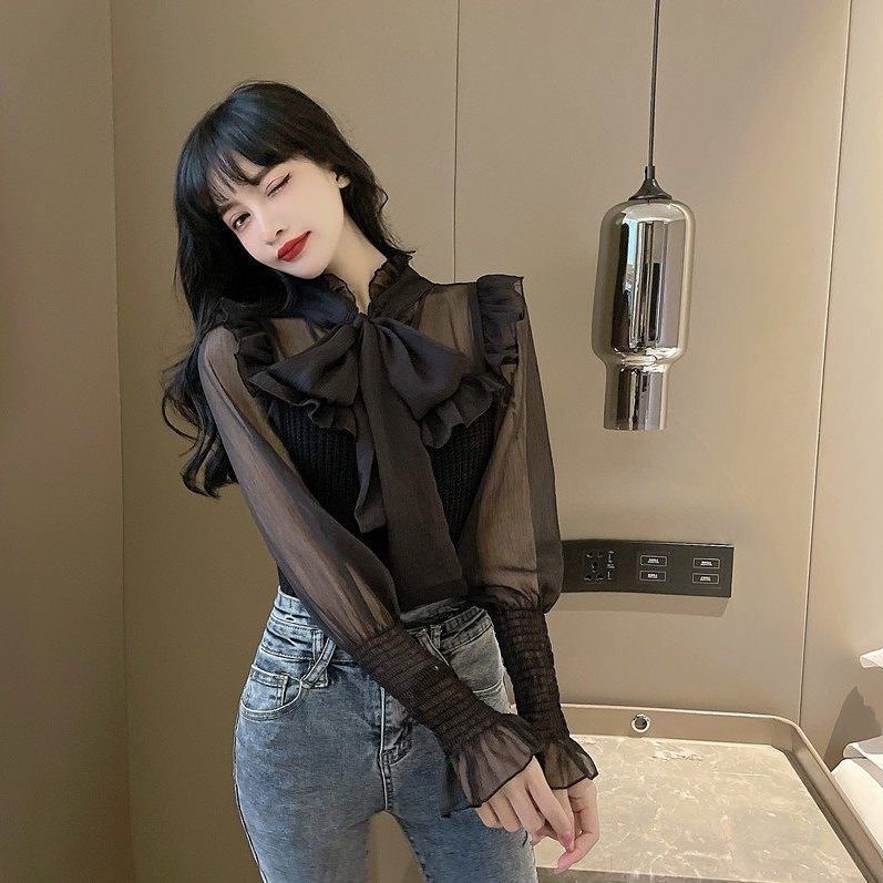 Áo Sơ Mi Mỏng Tay Dài Thắt Nơ Phong Cách Hàn Quốc Thời Trang Cho Nữ