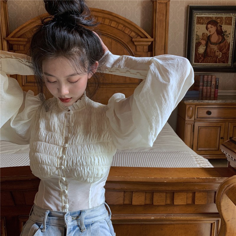 Áo sơ mi tay dài phối bèo nhún phong cách cổ điển kiểu Pháp | BigBuy360 - bigbuy360.vn